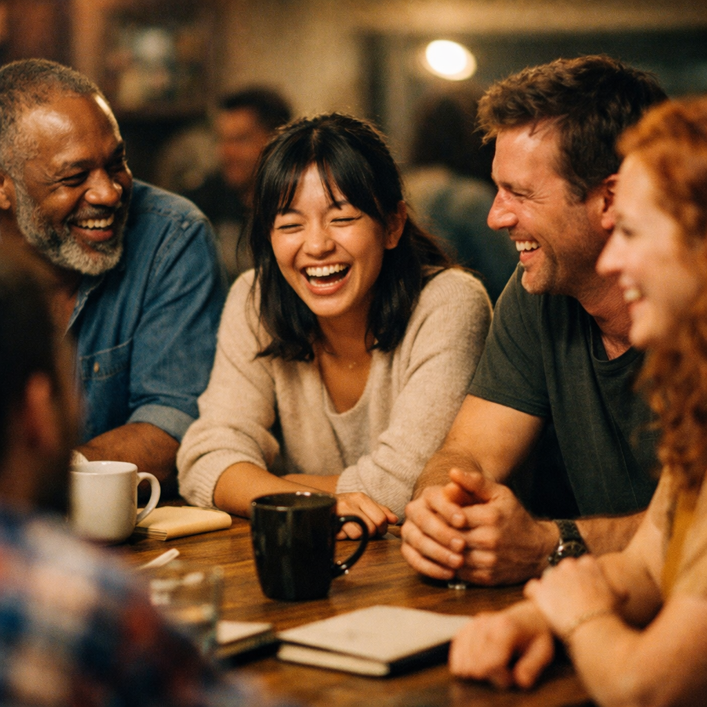 A group of diverse people having a happy discussion around a table, genuine smiles and laughter.